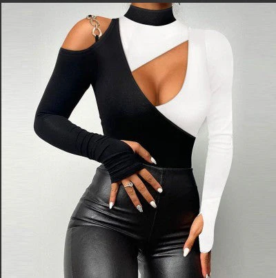 Heidi — Damen Schwarzes Top mit asymmetrischen Cutouts und Spitzenärmeln - Image 21