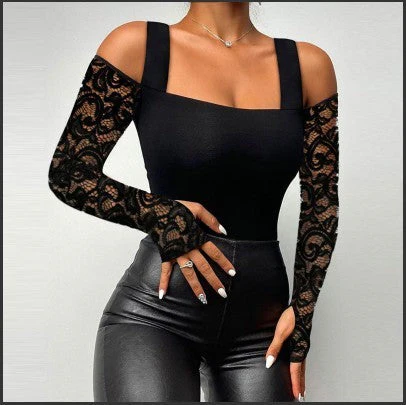 Heidi — Damen Schwarzes Top mit asymmetrischen Cutouts und Spitzenärmeln - Image 25