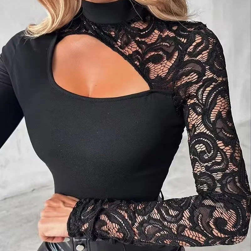 Heidi — Damen Schwarzes Top mit asymmetrischen Cutouts und Spitzenärmeln - Image 7